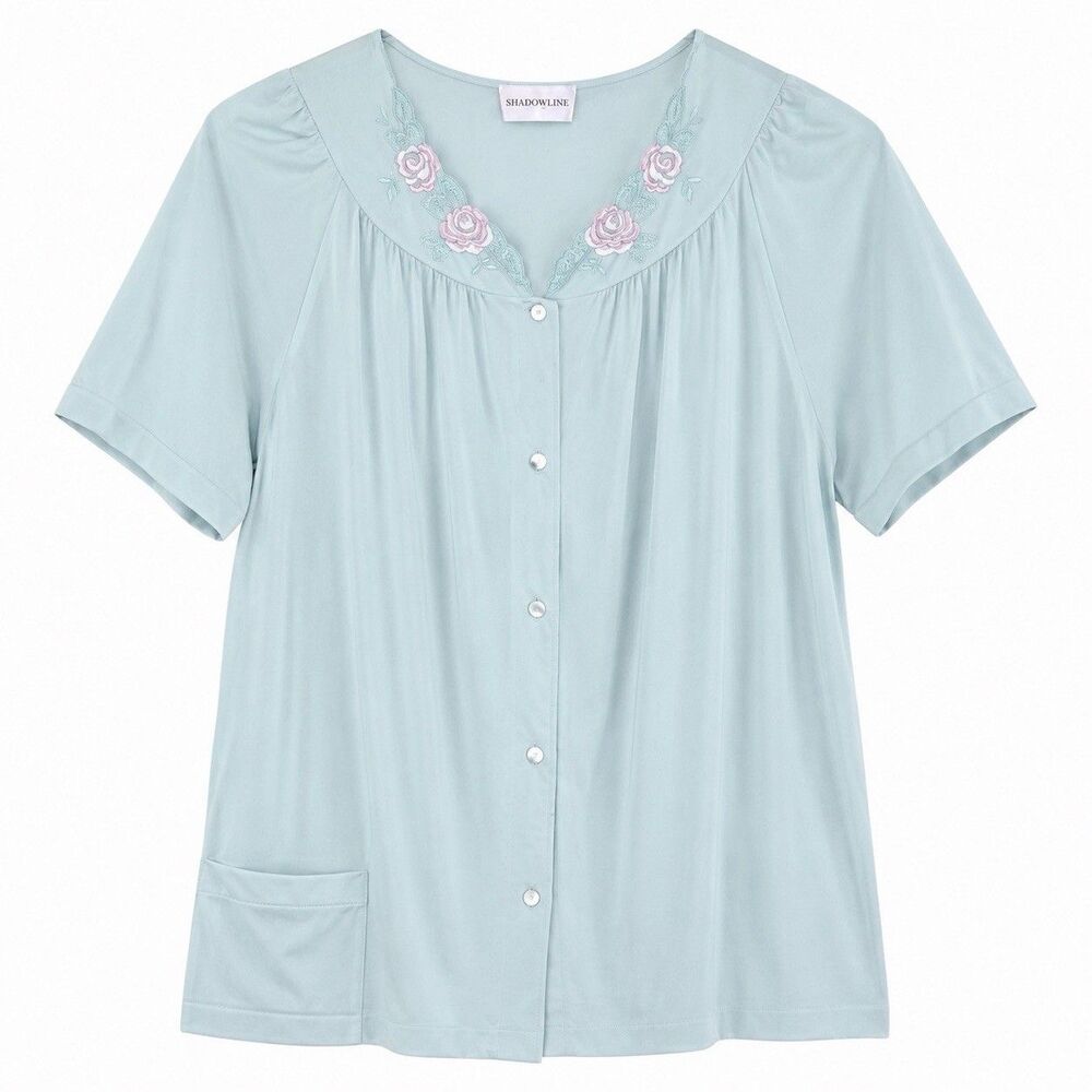 ShadowLine Top Women's Large Blue Nylon Short Sleeve Embroidered Roses Sleep Top